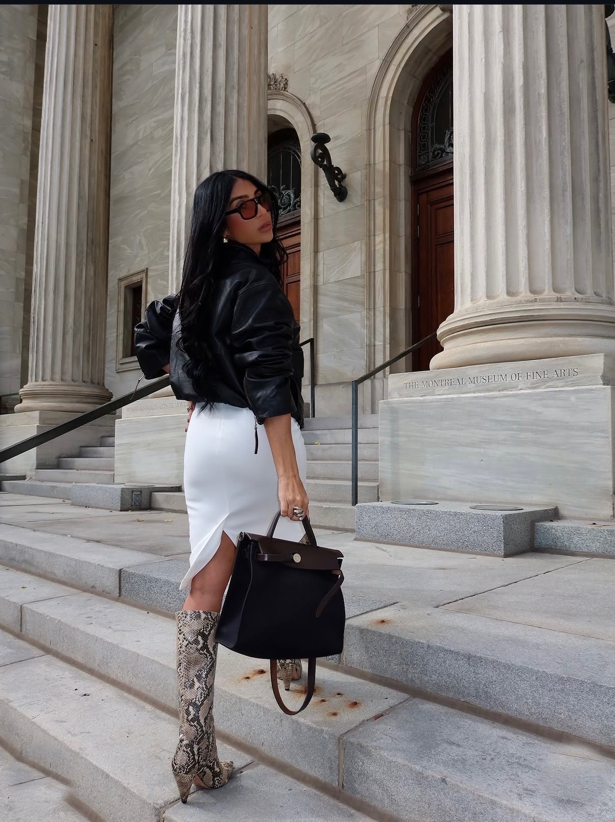 Atena Salt — Montreal Museum of Fine Arts steps, leather jacket and pencil skirt
